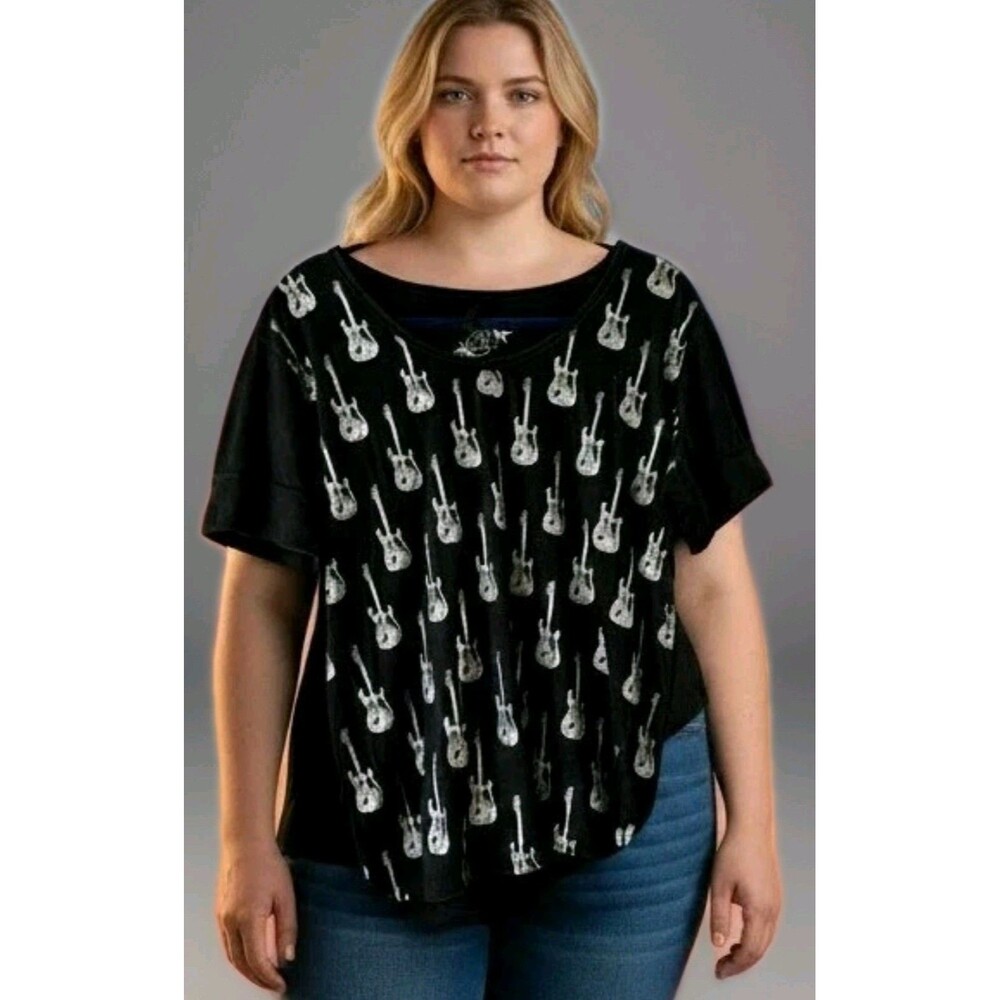 Plus Size 3X Black Graphic Tee Guitar Print Rock Edgy Cotton Top